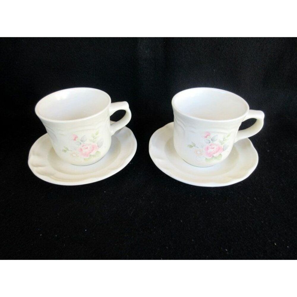 Pfaltzgraff Tea Rose Set of 2 Cups/Saucers Pink Roses/Blue Flowers Scalloped
